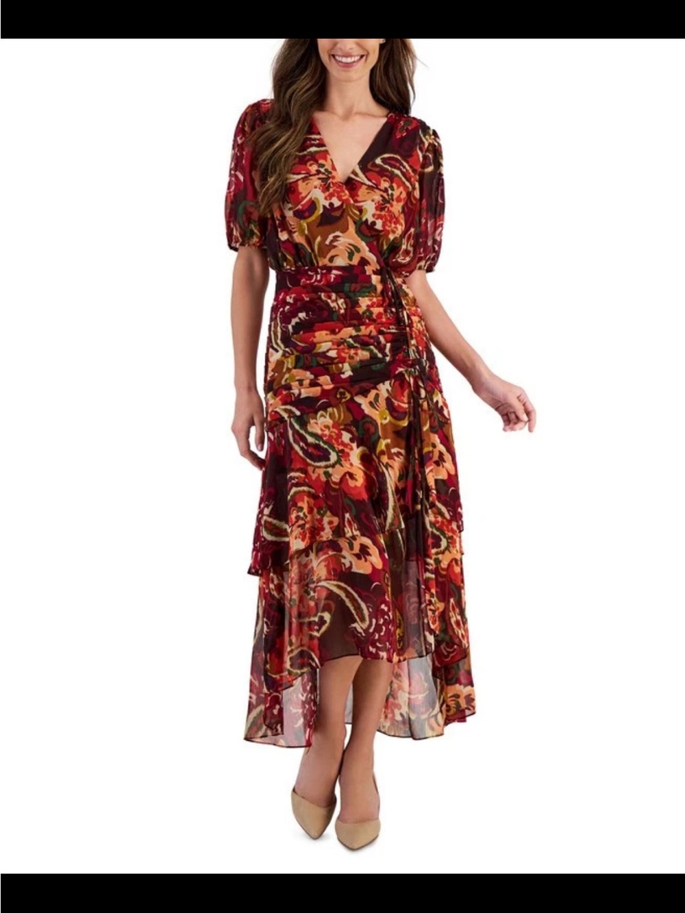 Tahari ASL Floral Midi Dress in Burgundy Multi
